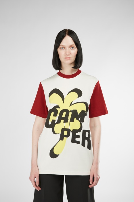 T-shirt Camper Be Design T-shirt Unisexe Imprimé Blanc Bordeaux Et Jaune