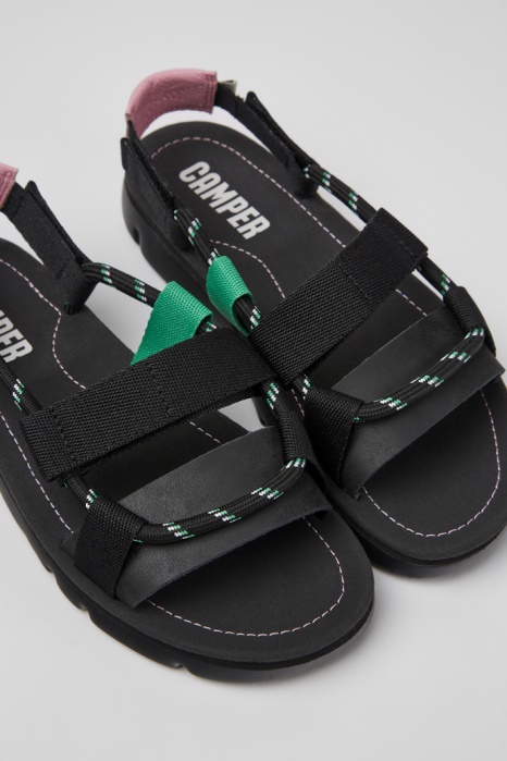 Camper Be Oruga Sandales En Cuir Noir Rose Et Vert Pour Femme Nouveautés
